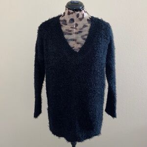 Ambiance Black Oversized Fluffy V Neck Long Sleeve Hi Low CYA Sweater S-M